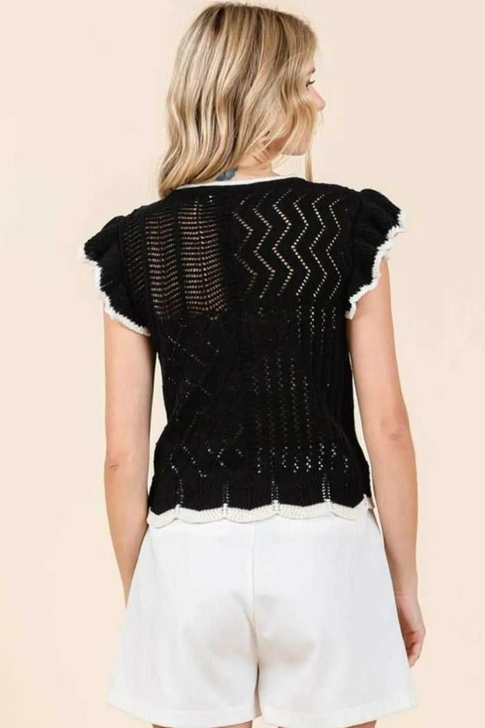 Mittoshop Openwork Contrast Trim Ruffled Cap Sleeve Knit Top - Brittney MADE