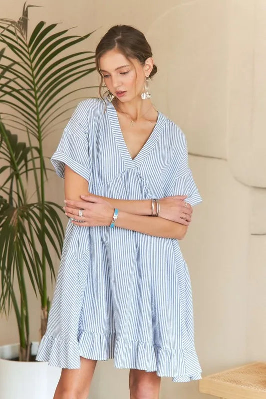ADORA Ruffled Hem Striped V-Neck Babydoll Dress - Brittney MADE