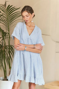 ADORA Ruffled Hem Striped V-Neck Babydoll Dress - Brittney MADE