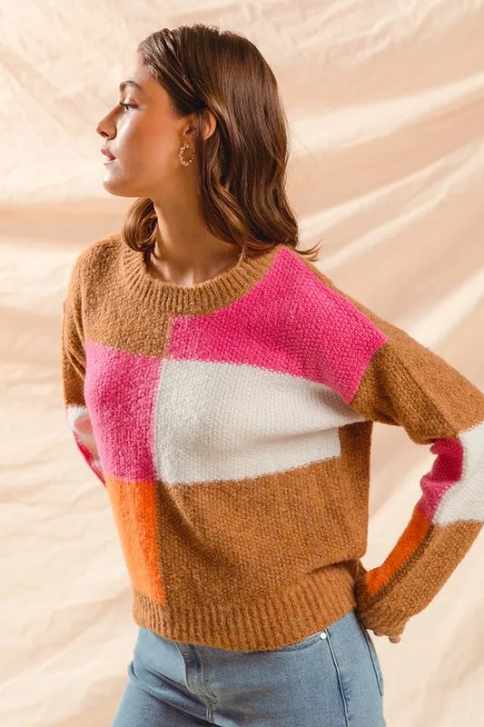 SO ME Multi Color Block Checkered Sweater Top - Brittney MADE
