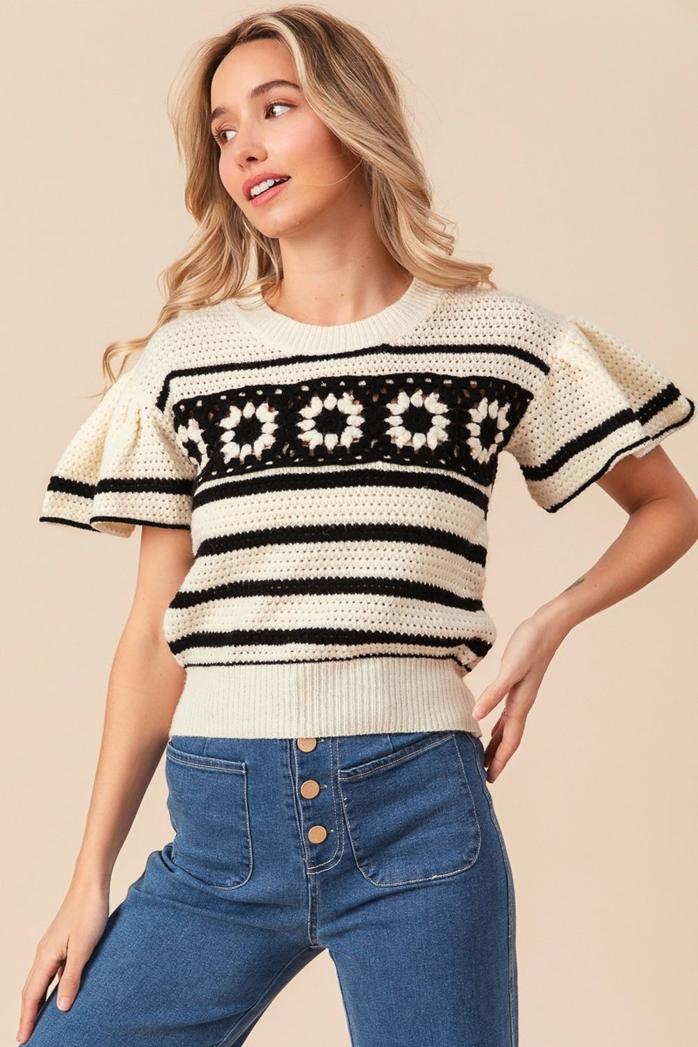 BiBi Granny Square Short Sleeve Striped Sweater - Brittney MADE