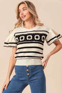 BiBi Granny Square Short Sleeve Striped Sweater - Brittney MADE