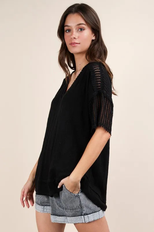 VERY J Oversized Contrast Knit Comfy Casual Top - Brittney MADE