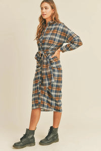Mable Plaid Flannel Front Tie Button Down Shirt Dress - Brittney MADE