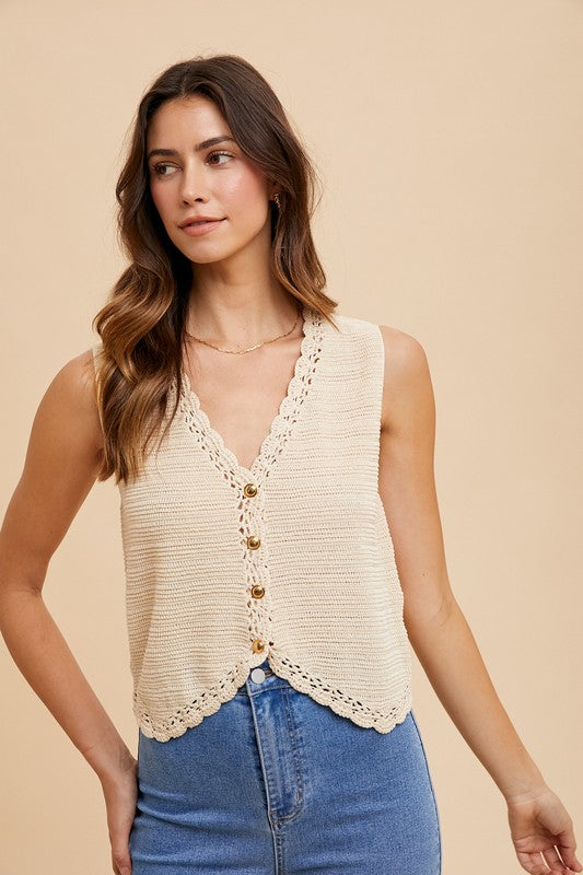 Annie Wear Crochet Trim Button Down Sweater Vest - Brittney MADE