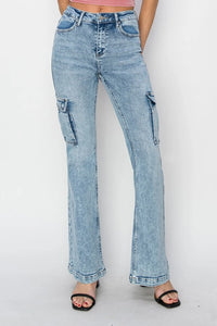 RISEN Full Size High Rise Cargo Flare Jeans - Brittney MADE