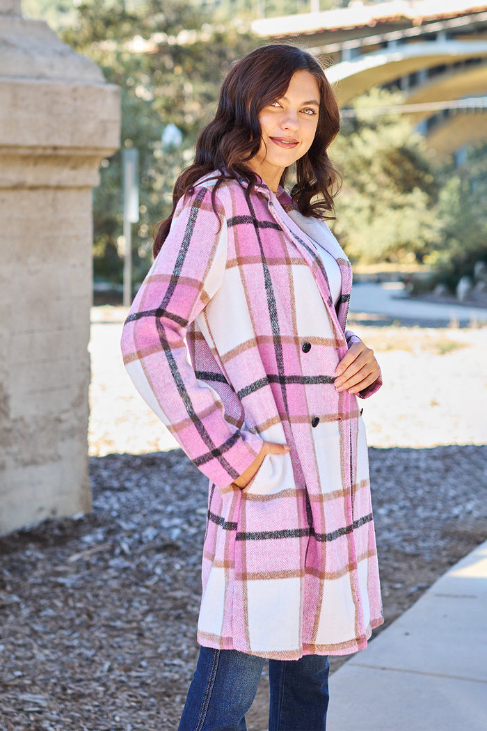 Double Take Full Size Plaid Button Up Lapel Collar Coat - Brittney MADE