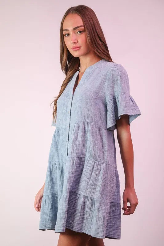 VERY J Mineral Washed Baby Bell Sleeve Woven Mini Dress - Brittney MADE