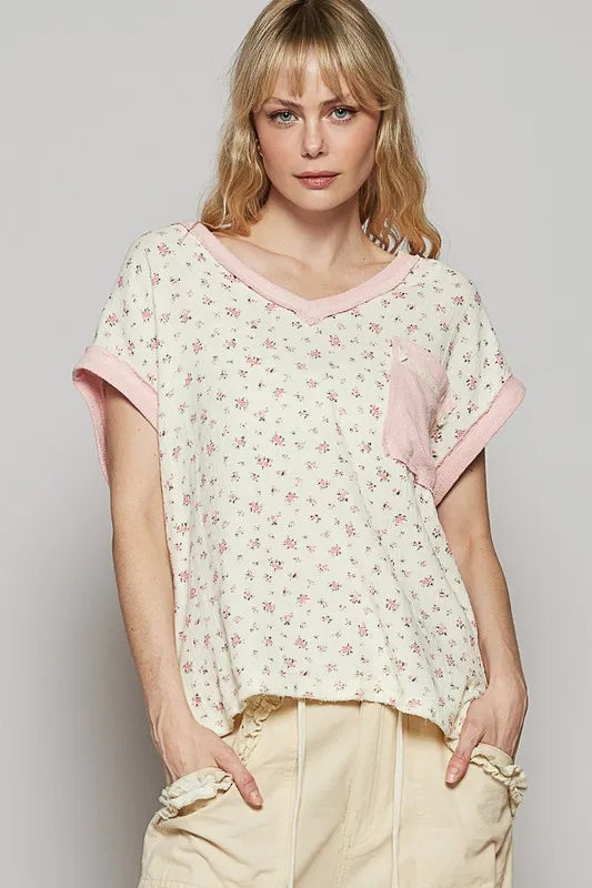 POL Floral V-Neck Short Sleeve T-Shirt - Brittney MADE