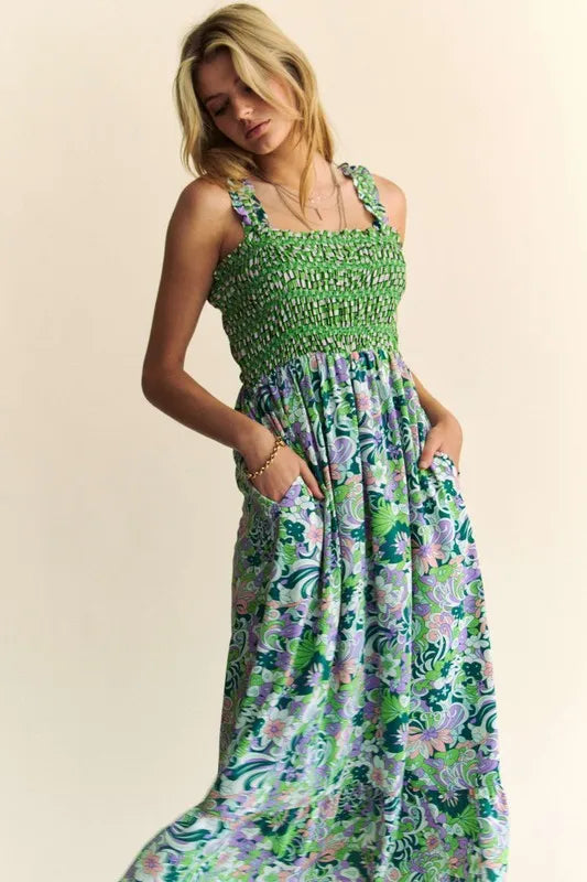 Davi & Dani Multi Smocked Bodice Geo Ruffle Strappy Midi Dress - Brittney MADE
