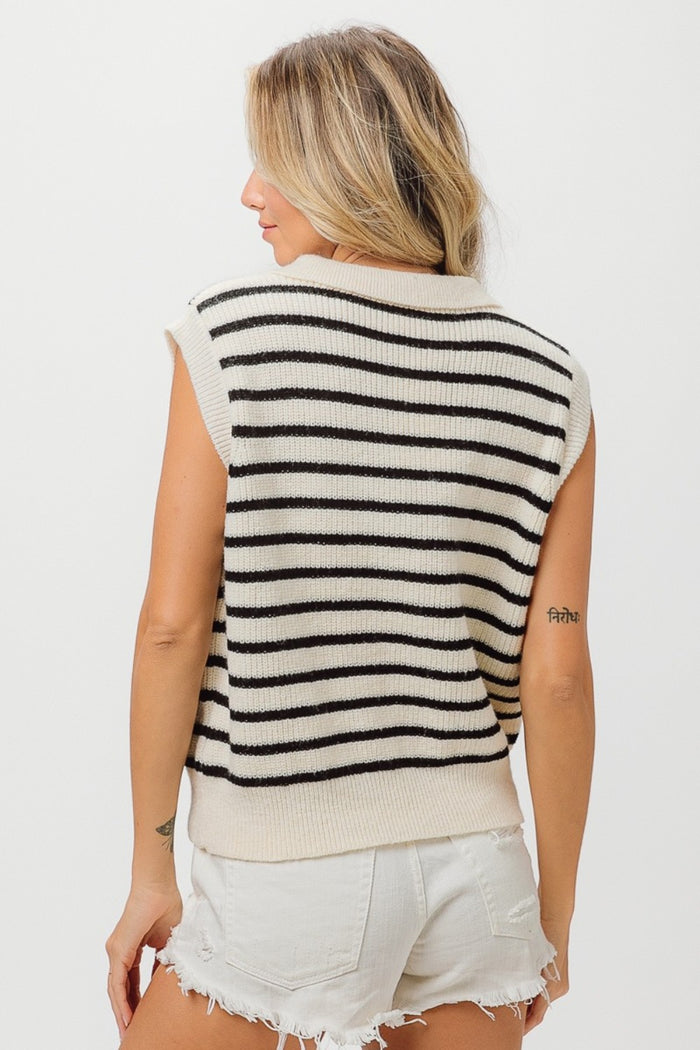 BiBi Flower Patch Striped Half Button Sweater Vest - Brittney MADE
