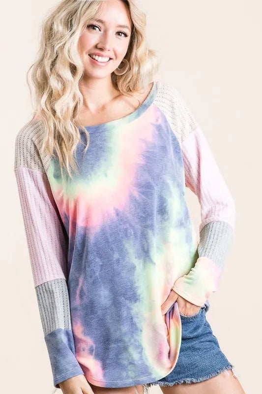 BiBi Tie Dye Terry Top With Color Block Pointelle Knit - Brittney MADE