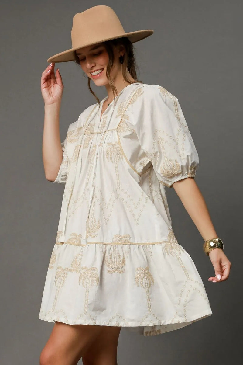 Umgee Full Size Embroidered Puff Sleeve Babydoll Dress Plus Size - Brittney MADE