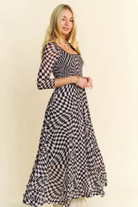Davi & Dani Printed Checker Mesh Flowy Maxi Dress - Brittney MADE
