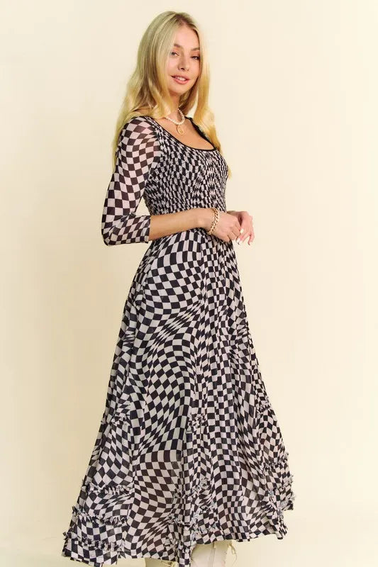 Davi & Dani Printed Checker Mesh Flowy Maxi Dress - Brittney MADE