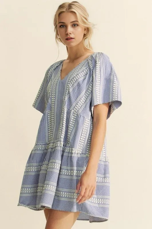 Davi & Dani Embroidered Stripe Ruffled Gingham Mini Dress - Brittney MADE
