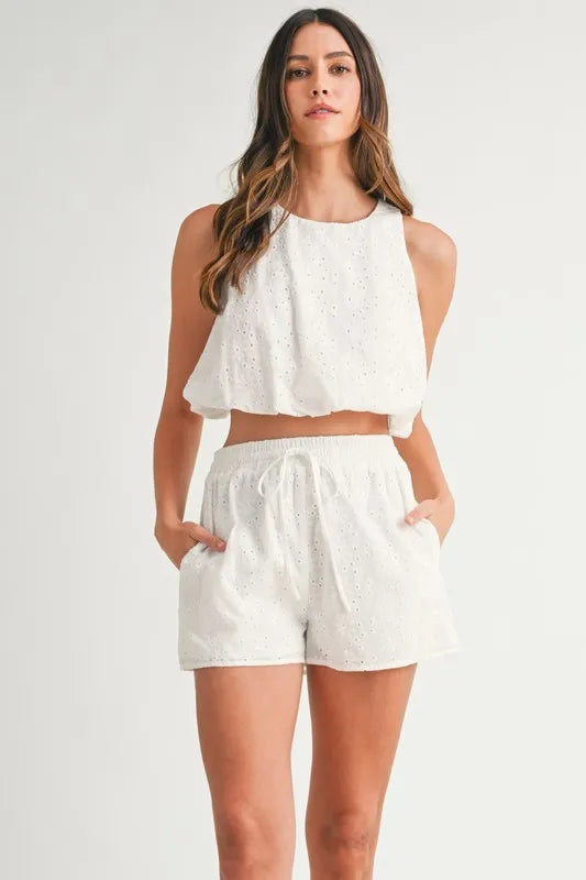 MABLE Eyelet Bubble Hem Sleeveless Top and Shorts Set - Brittney MADE