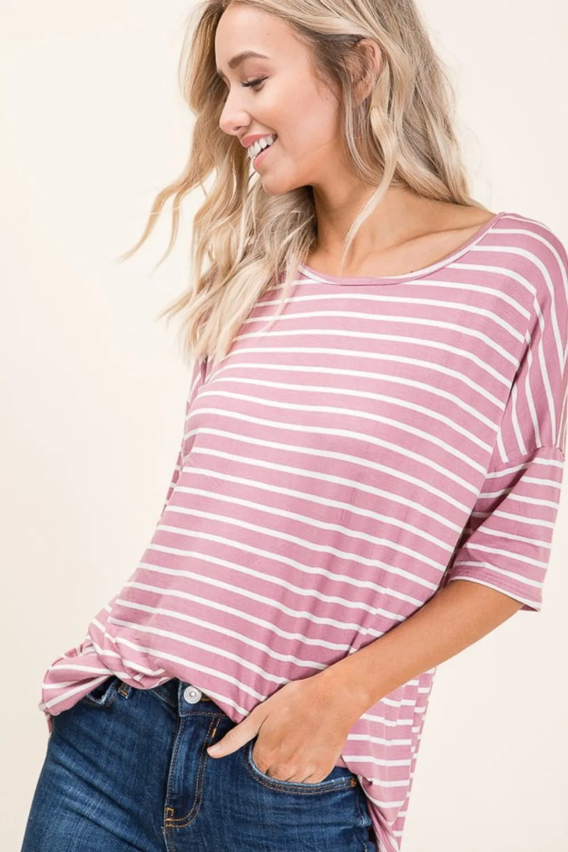 BOMBOM Striped Round Neck Half Sleeve T-Shirt - Brittney MADE