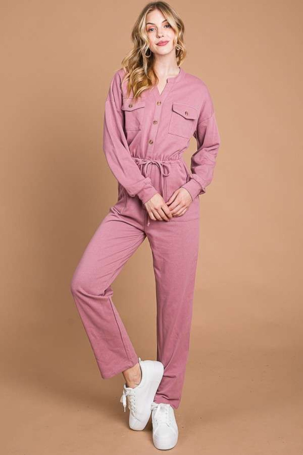 Culture Code Full Size Button Up Drawstring Waist Straight Jumpsuit - Brittney MADE