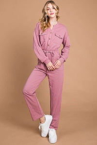 Culture Code Full Size Button Up Drawstring Waist Straight Jumpsuit - Brittney MADE
