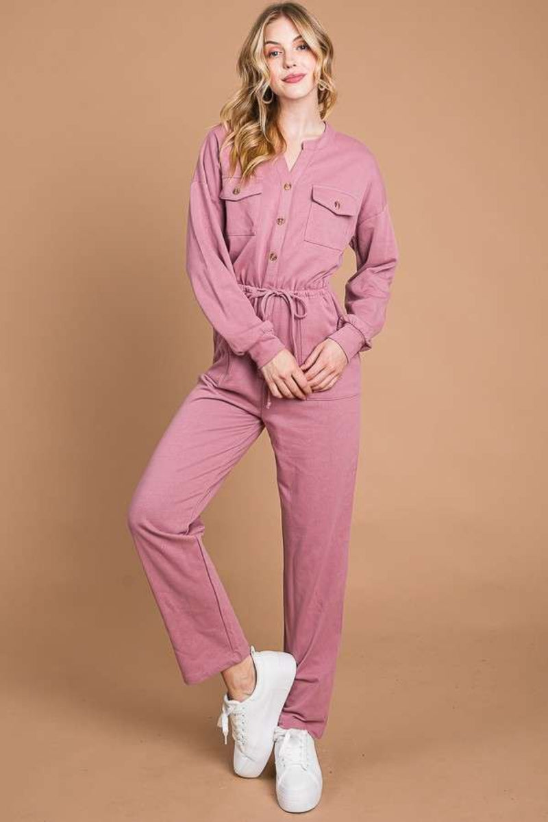 Culture Code Full Size Button Up Drawstring Waist Straight Jumpsuit - Brittney MADE