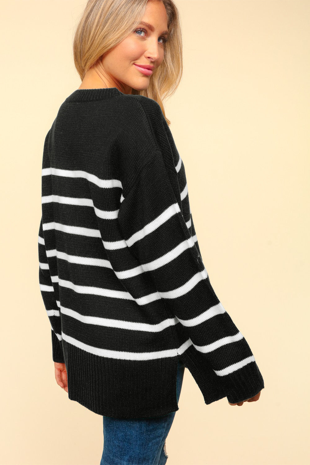 Haptics Full Size Striped Contrast Side Slit Sweater - Brittney MADE