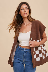 Annie Wear Checkered Button Down Short Sleeve Cardigan - Brittney MADE