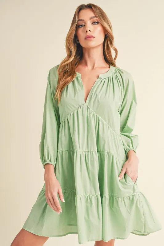 Aemi + Co Notched Balloon Sleeve Tiered Mini Dress - Brittney MADE