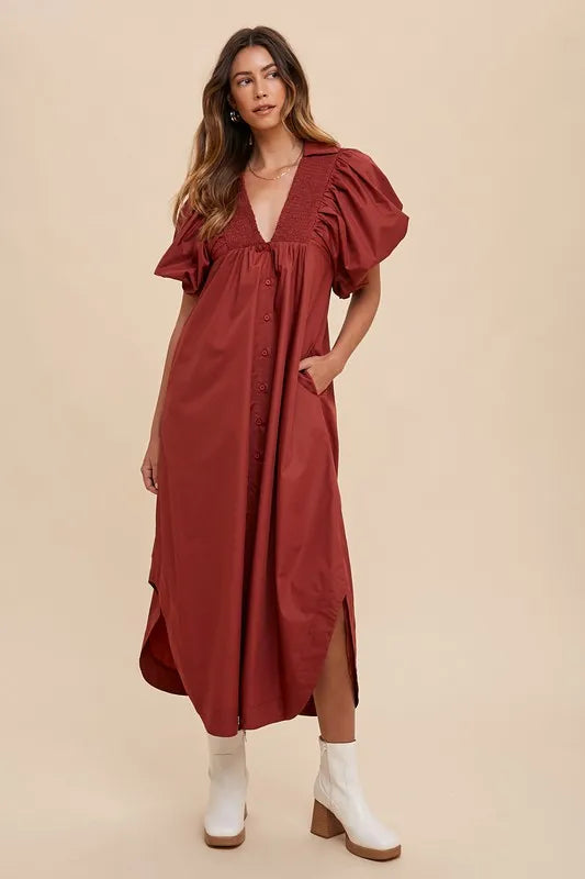 Annie Wear Smocked Puff Sleeve Midi Dress - Brittney MADE