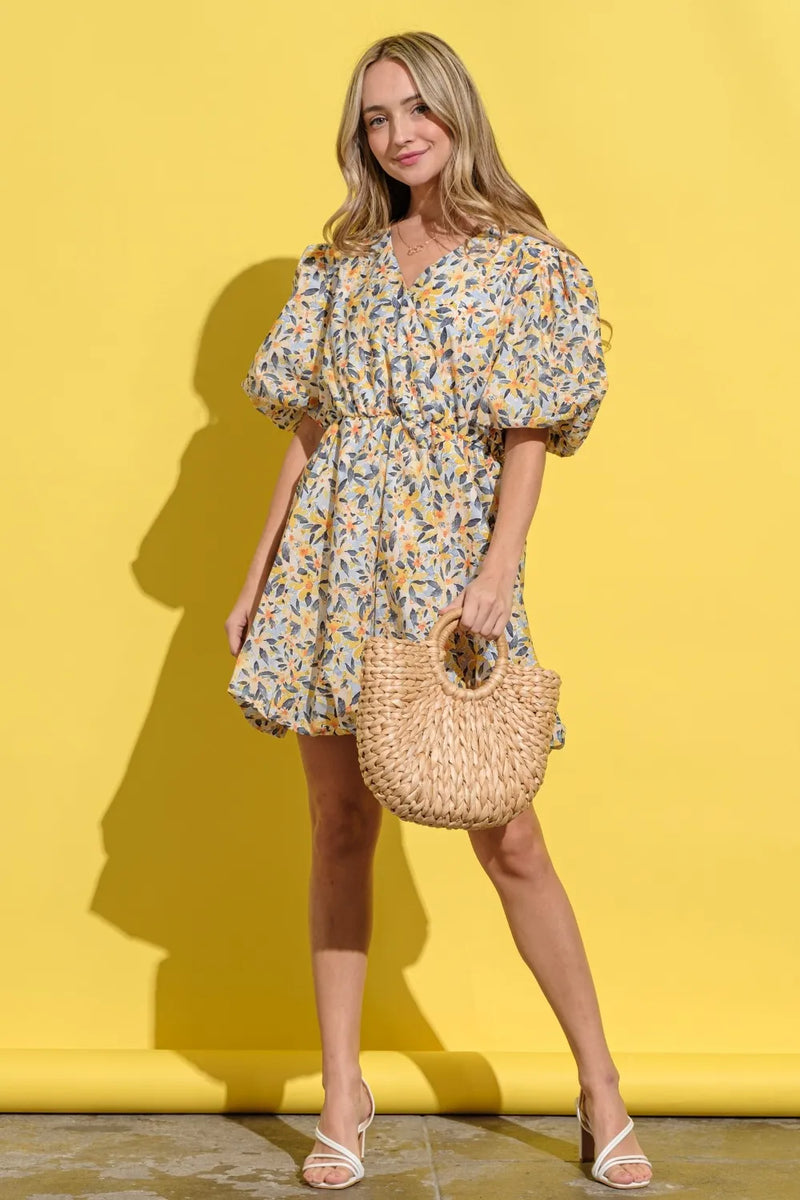 And The Why Full Size Floral Surplice Puff Sleeve Dress - Brittney MADE