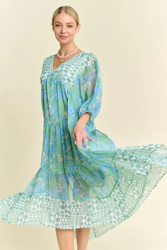 Davi & Dani Geo and Floral Print Mixed Tiered Dress - Brittney MADE