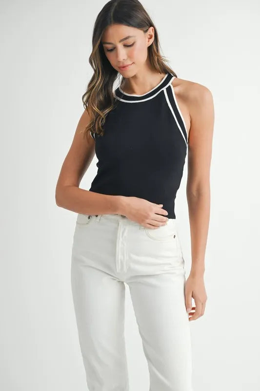 MABLE Contrast Trim Grecian Neck Cropped Tank - Brittney MADE