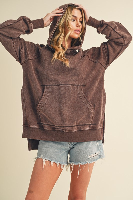 Aemi + Co Exposed Seam Side Slit Hoodie with Kangaroo Pocket - Brittney MADE