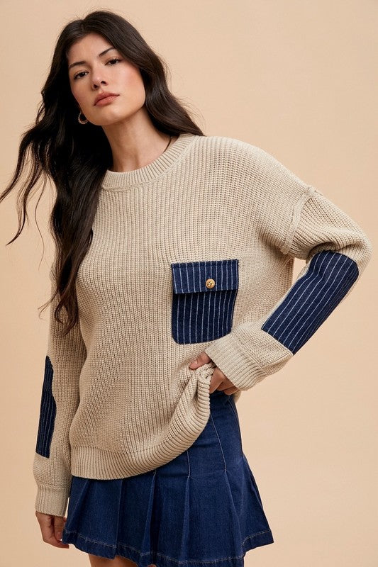 Annie Wear Contrast Round Neck Drop Shoulder Sweater with Patch Pocket - Brittney MADE