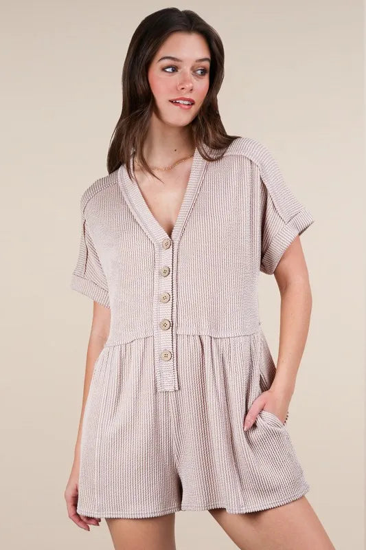 VERY J Two Tone Ribbed Knit Comfy Casual Romper - Brittney MADE