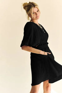Davi & Dani Back Button Puff Sleeve Mini Dress - Brittney MADE