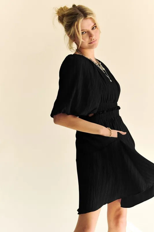 Davi & Dani Back Button Puff Sleeve Mini Dress - Brittney MADE