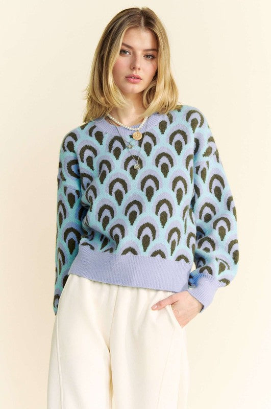 Davi & Dani Scale Jacquard Round Neck Drop Shoulder Sweater - Brittney MADE