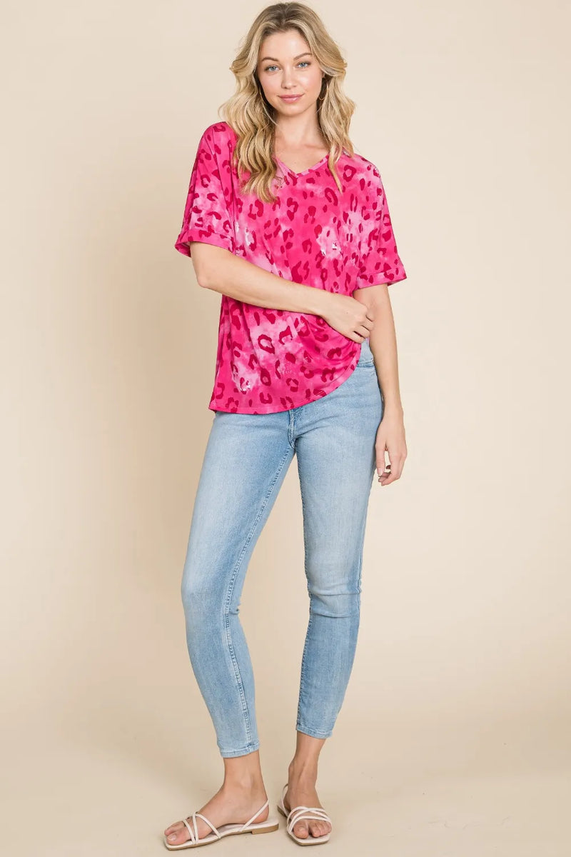 BOMBOM Leopard V-Neck Short Sleeve T-Shirt - Brittney MADE
