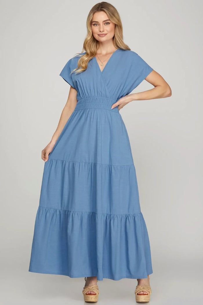She + Sky Surplice Short Sleeve Tiered Maxi Dress With Pockets - Brittney MADE