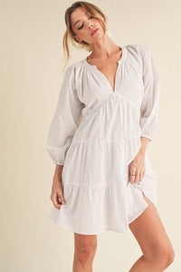 Aemi + Co Notched Balloon Sleeve Tiered Mini Dress - Brittney MADE