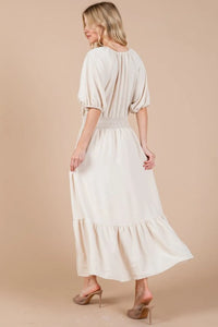 Ces Femme Smocked Elastic Waist Tie Neck Puff Sleeve Dress - Brittney MADE