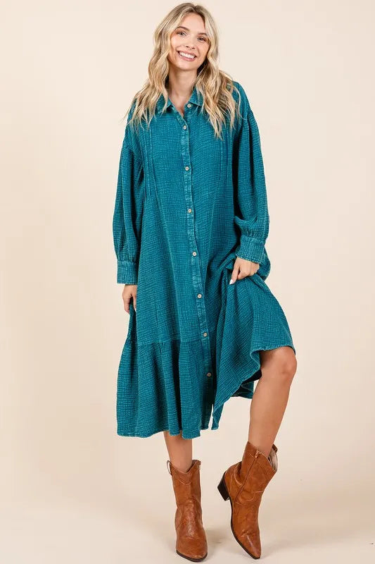 Mittoshop Mineral Wash Cotton Gauze Ruffle Midi Shirt Dress - Brittney MADE