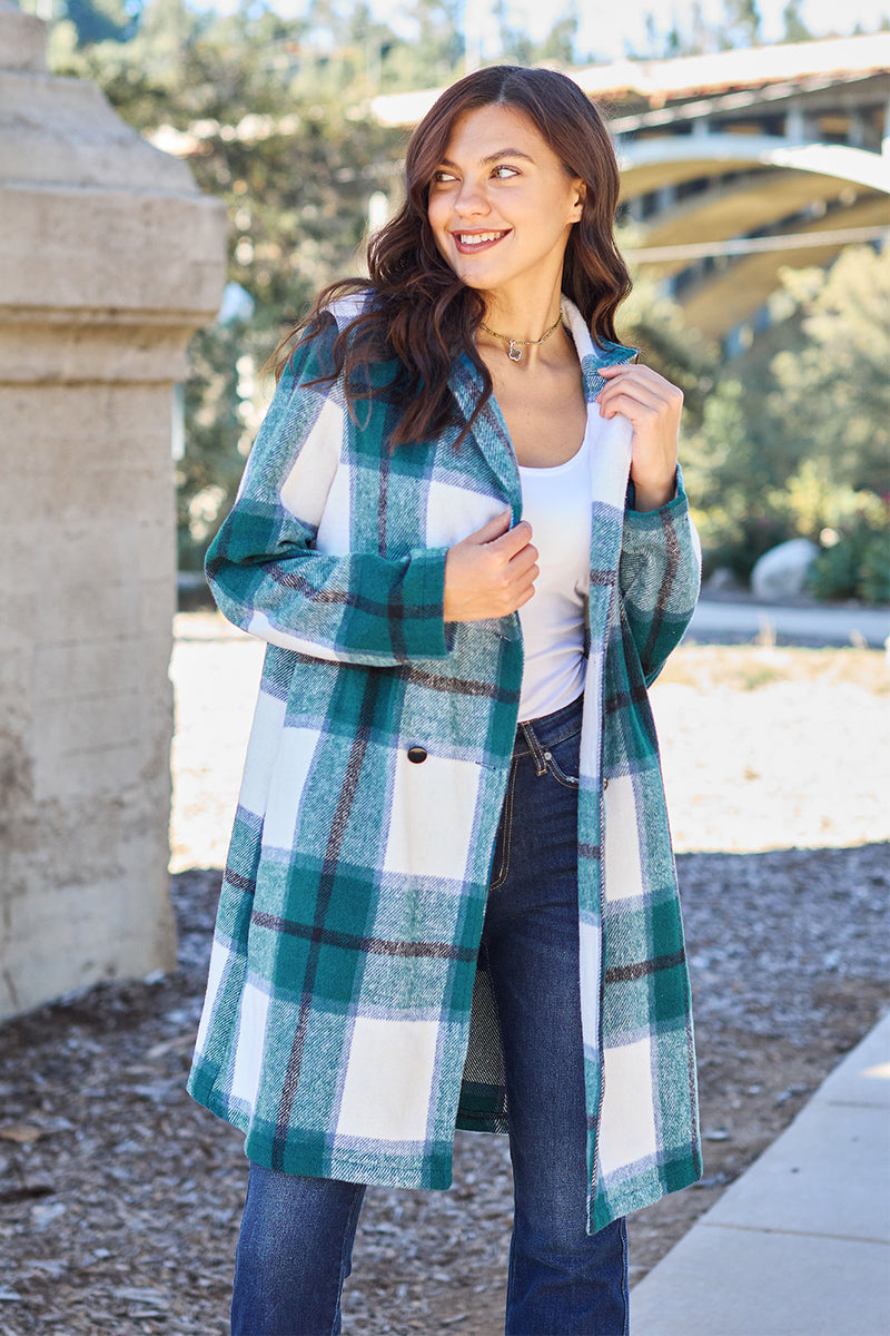 Double Take Full Size Plaid Button Up Lapel Collar Coat - Brittney MADE