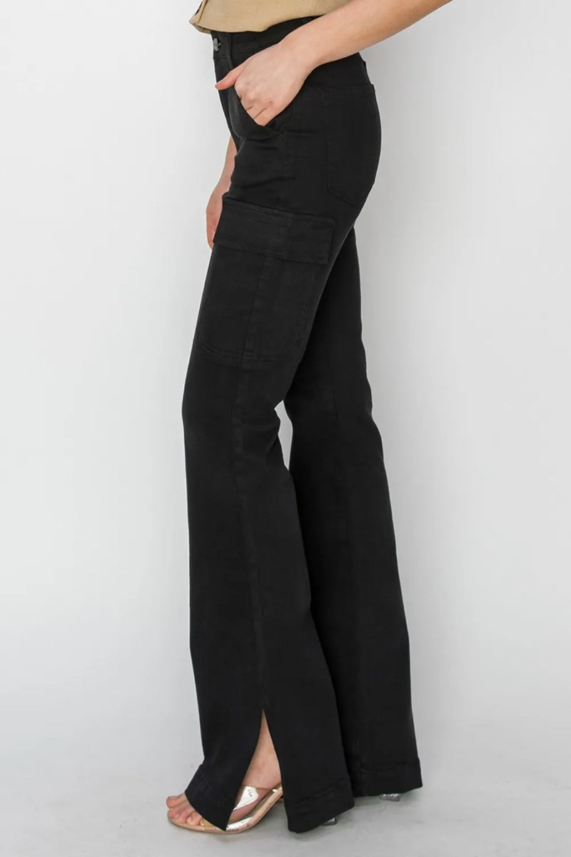 RISEN Full Size High Rise Side Slit Cargo Bootcut Jeans - Brittney MADE