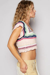 POL Openwork Ethnic Pattern Square Neck Cropped Knit Top - Brittney MADE