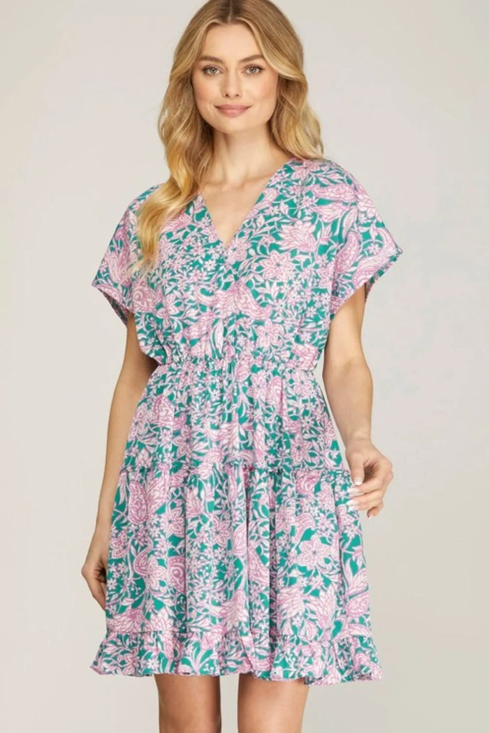 She + Sky Full Size Ruffled Hem Printed Surplice Kimono Sleeve Mini Dress Plus Size - Brittney MADE
