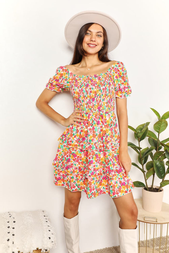 Devine Smocked Sweetheart Neck Flounce Sleeve Mini Dress - Brittney MADE