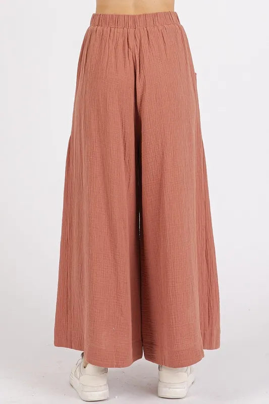 Mittoshop Gauze Elastic Waist Pleated Wide Leg Pants - Brittney MADE