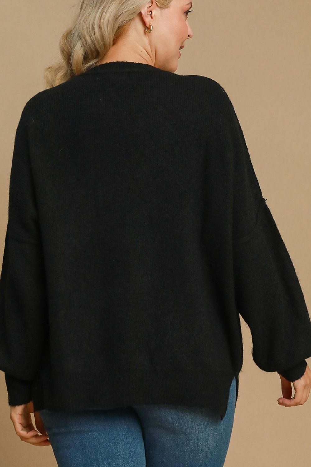 Umgee Full Size Side Slit Wool Blend Round Neck Sweater Plus Size - Brittney MADE